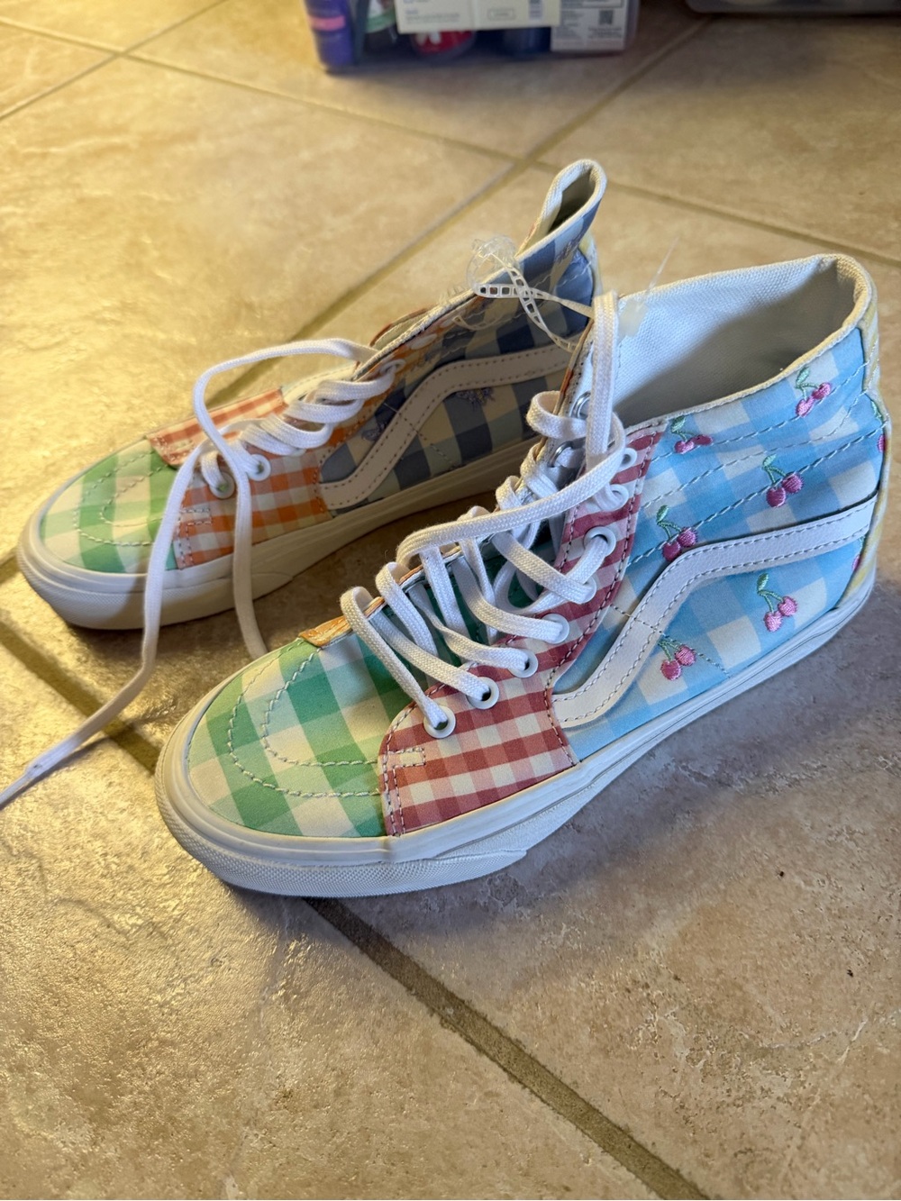 Vans Women’s High-Top Gingham Patchwork Sneakers with Cherry Accent